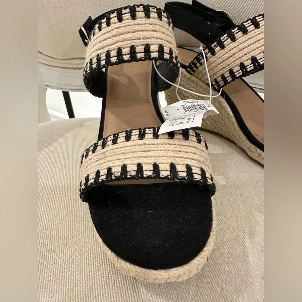 NWT Size 8 Stylish Black and Tan Wedge Raffia espadrille Sandals Shoes - Picture 3 of 11